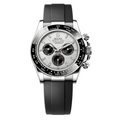 Rolex watch with black and silver design on a white background