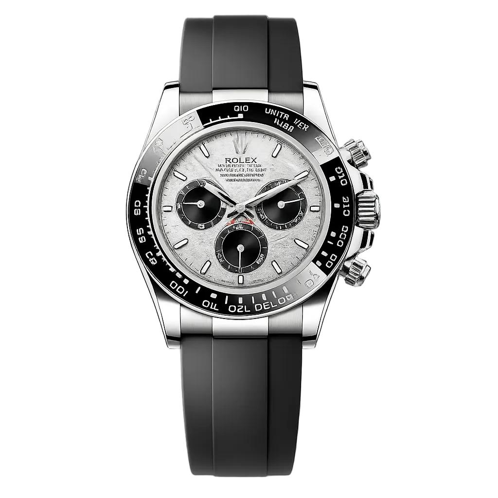 Rolex watch with black and silver design on a white background